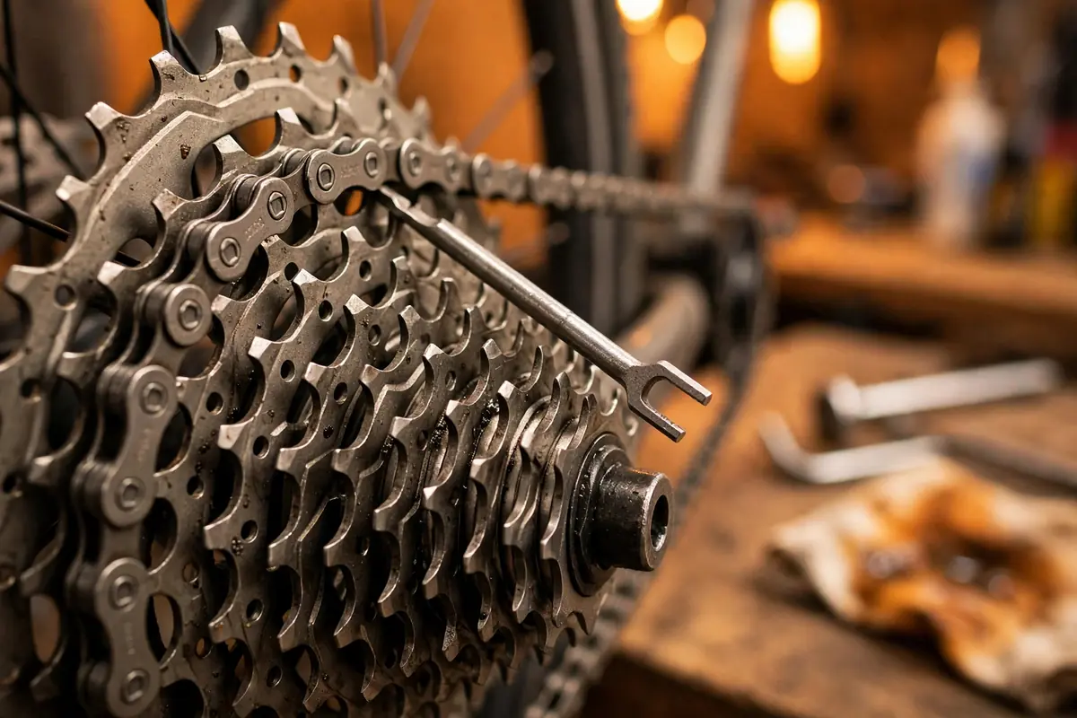 Nahaufnahme einer Fahrradkette und Kassette bei der Wartung
